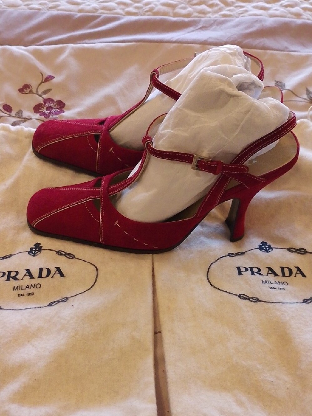 Women's Red T-Strap Suede Heels - Picture 5 of 5